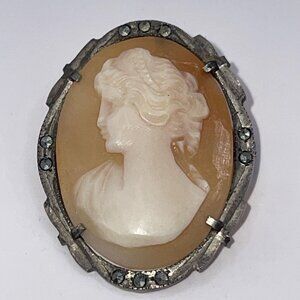 VTG Left Facing Carved Shell Cameo Brooch Pin‎ Pendant 800 Silver Marcasite